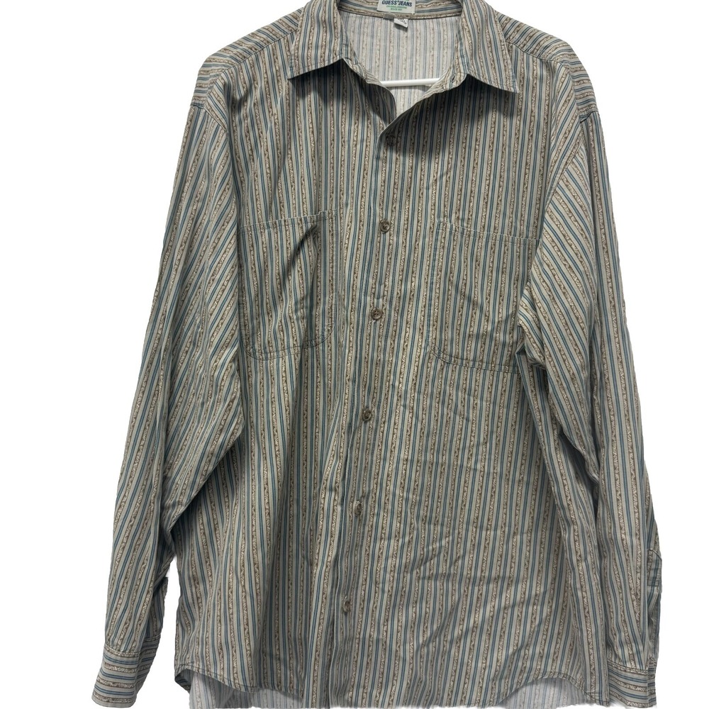 Guess Jeans Button Down Mens L Blue Brown‎ Striped Geometric Vintage Made in USA